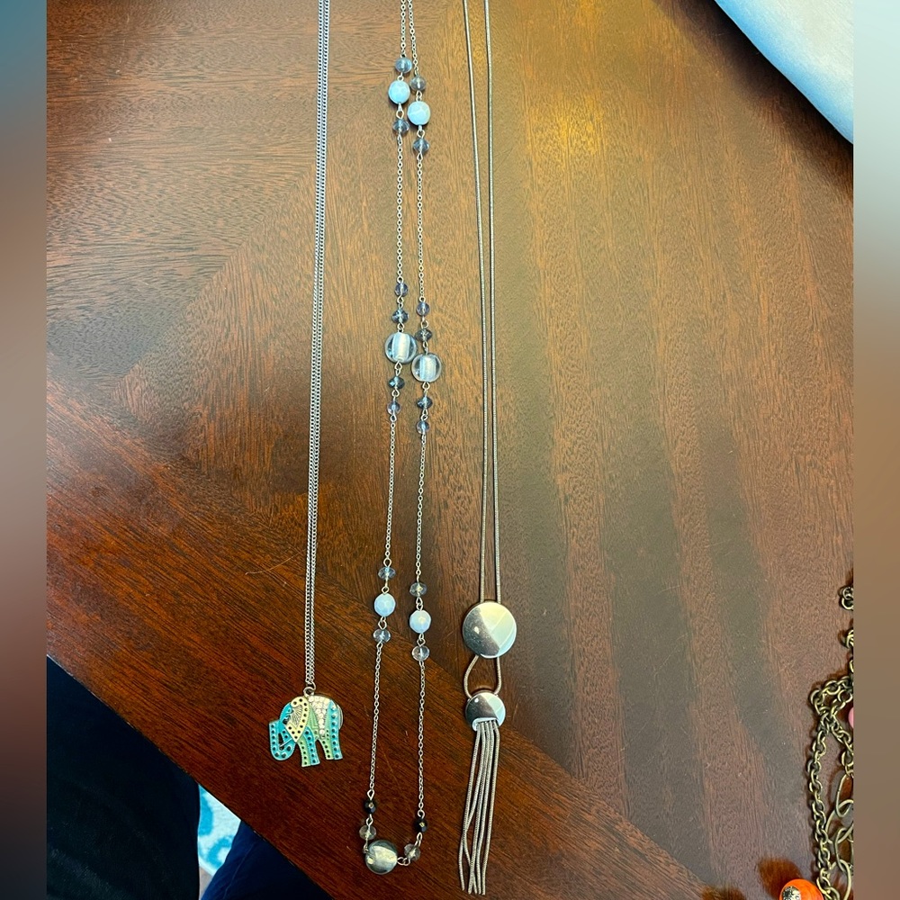 Set of 3 necklaces: silver circles, light blue/navy beads, elephant charm